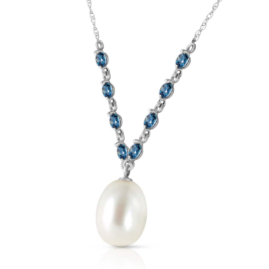 5 Carat 14K Solid White Gold Necklace Natural Blue Topaz pearl