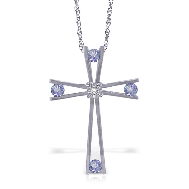 14K Solid White Gold Cross Necklace with Natural Diamond & Tanzanites