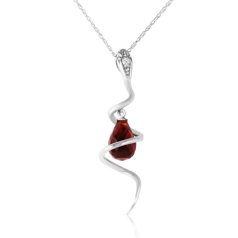 14K Solid White Gold Snake Necklace with Dangling Briolette Garnet & Diamond