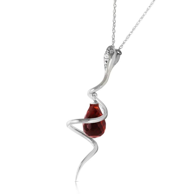 14K Solid White Gold Snake Necklace with Dangling Briolette Garnet & Diamond