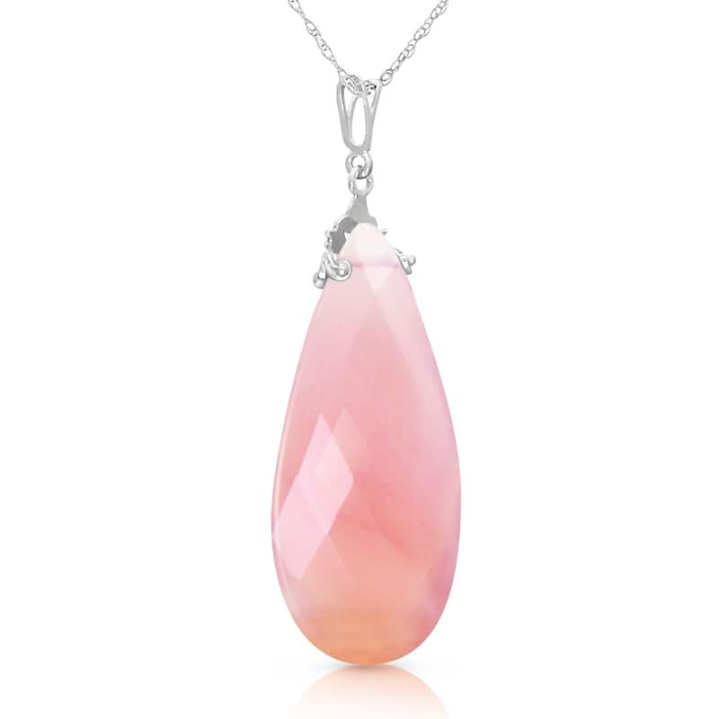 14K Solid White Gold Necklace with Briolette 31x16 mm Pink Chalcedony