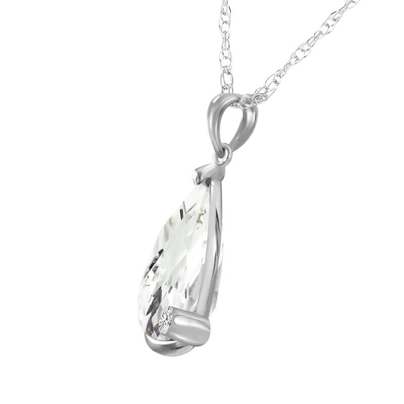14K Solid White Gold Necklace with Briolette Checkerboard Cut White Topaz & Diamond