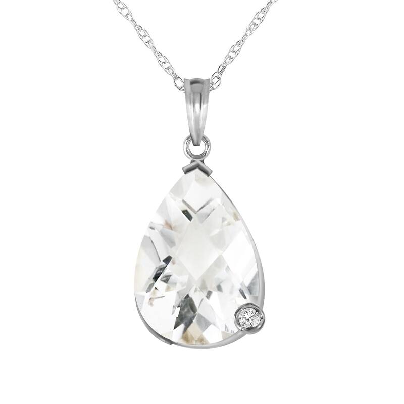 14K Solid White Gold Necklace with Briolette Checkerboard Cut White Topaz & Diamond