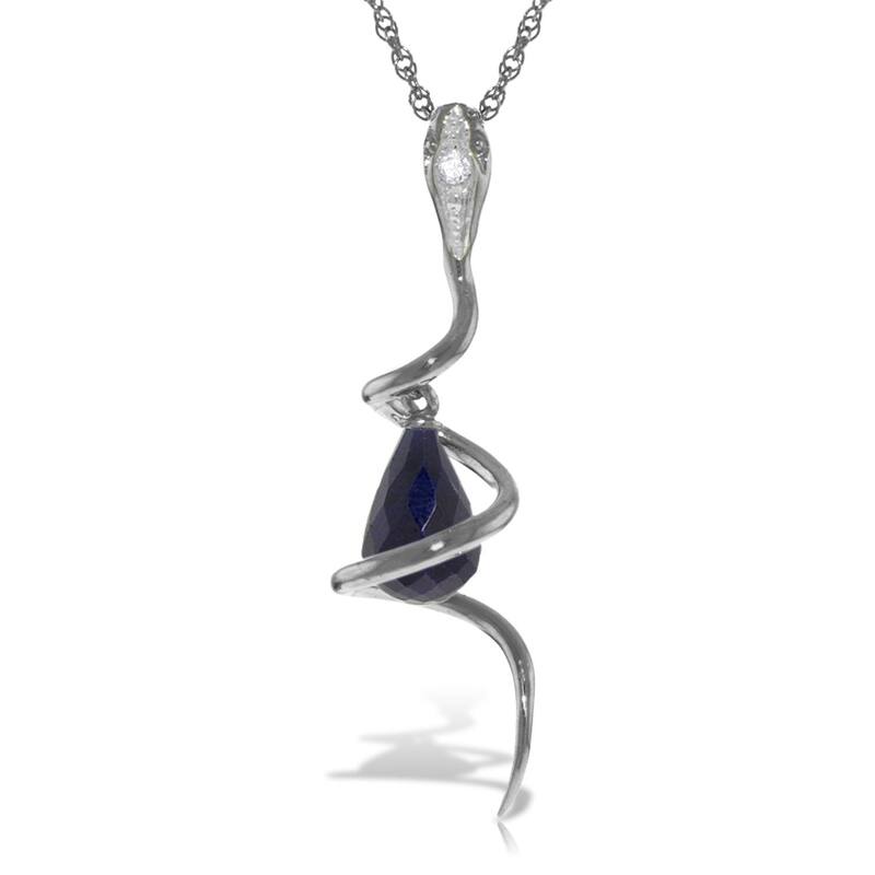 14K Solid White Gold Snake Necklace with Dangling Briolette Dyed Sapphire & Diamond