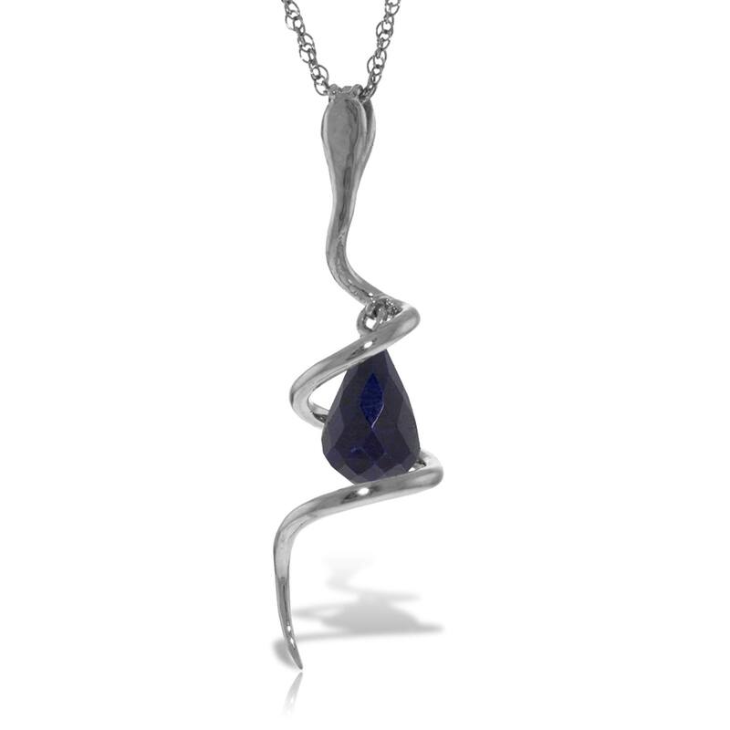 14K Solid White Gold Snake Necklace with Dangling Briolette Dyed Sapphire & Diamond