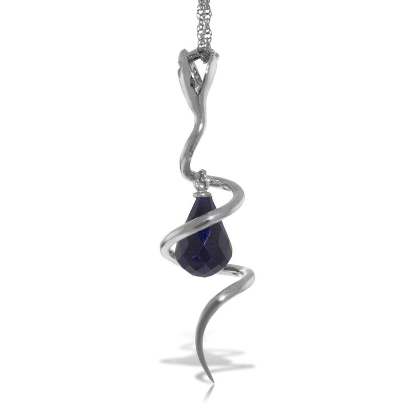 14K Solid White Gold Snake Necklace with Dangling Briolette Dyed Sapphire & Diamond