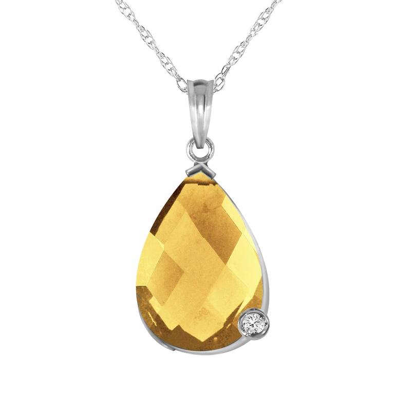 14K Solid White Gold Necklace withBriolette Checkerboard Cut Citrine & Diamond