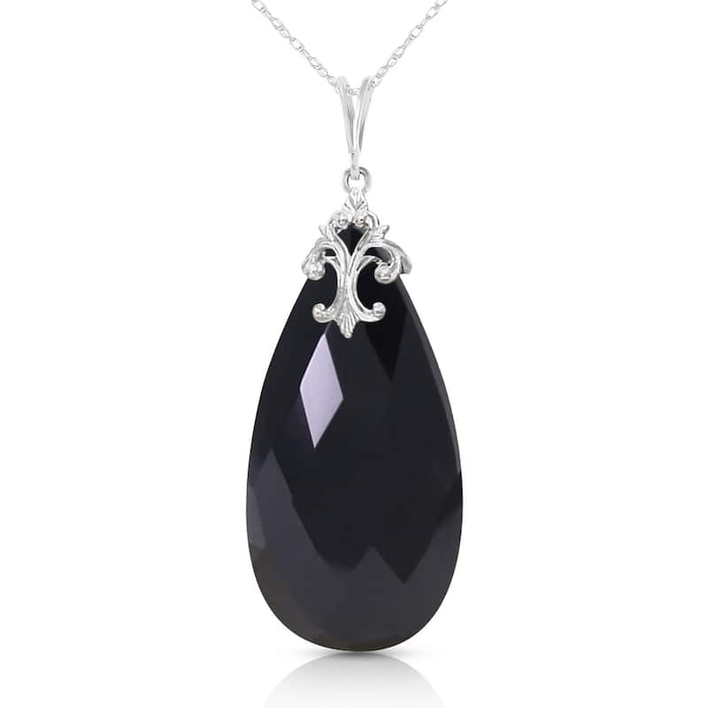 14K Solid White Gold Black Onyx Gemstone Necklace 18" Chain