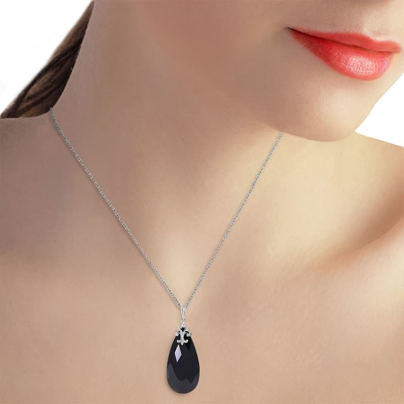 14K Solid White Gold Black Onyx Gemstone Necklace 18" Chain