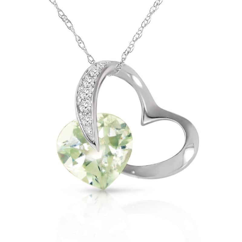 14K Solid White Gold Heart Necklace with Natural Diamond & Green Amethyst