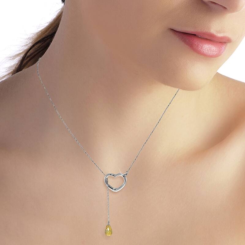 14K Solid White Gold Heart Necklace with Drop Briolette Natural Citrine