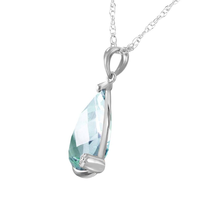 14K Solid White Gold Necklace with Briolette Checkerboard Cut Blue Topaz & Diamond