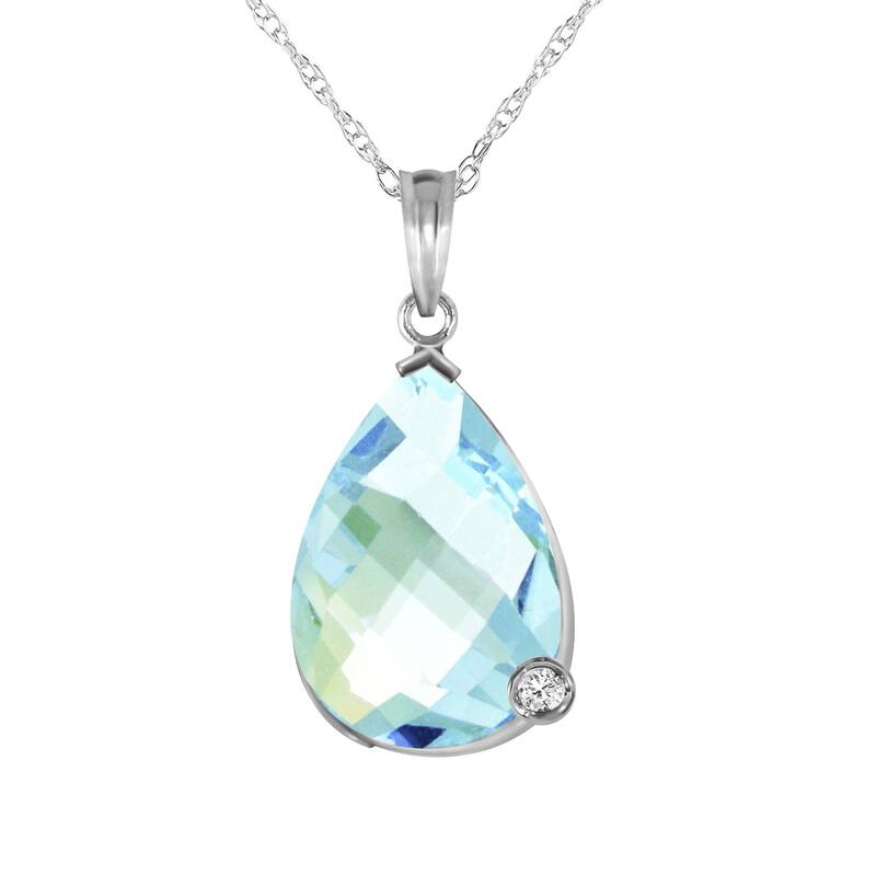 14K Solid White Gold Necklace with Briolette Checkerboard Cut Blue Topaz & Diamond