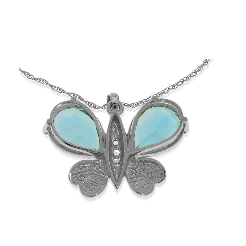 14K Solid White Gold Batterfly Necklace with Natural Diamonds & Blue Topaz