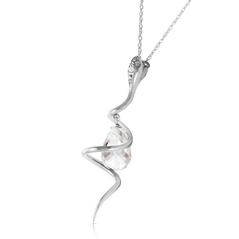 14K Solid White Gold Snake Necklace with Dangling Briolette White Topaz & Diamond
