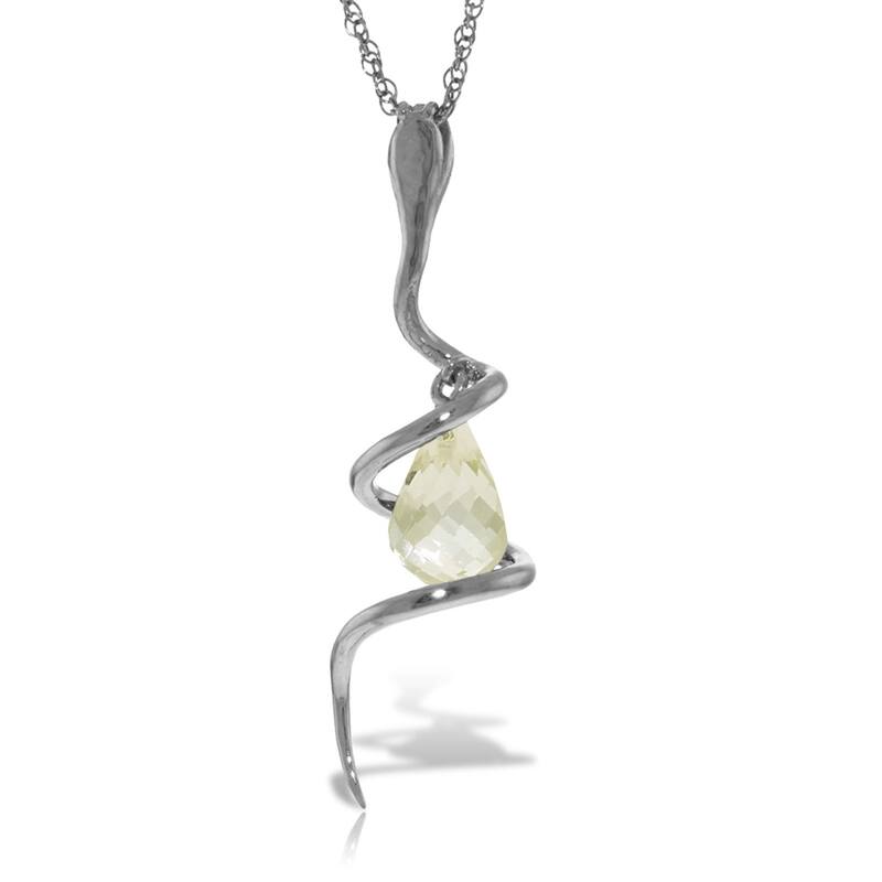 14K Solid White Gold Snake Necklace with Dangling Briolette White Topaz & Diamond