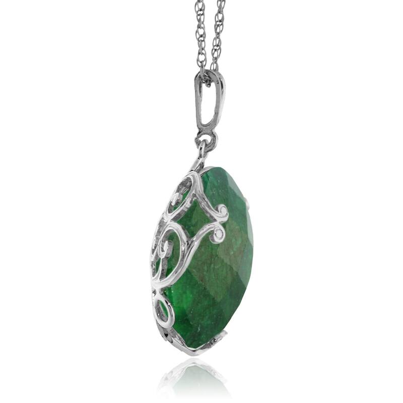 14K Solid White Gold Necklace with Checkerboard Cut Round Dyed Green Sapphire