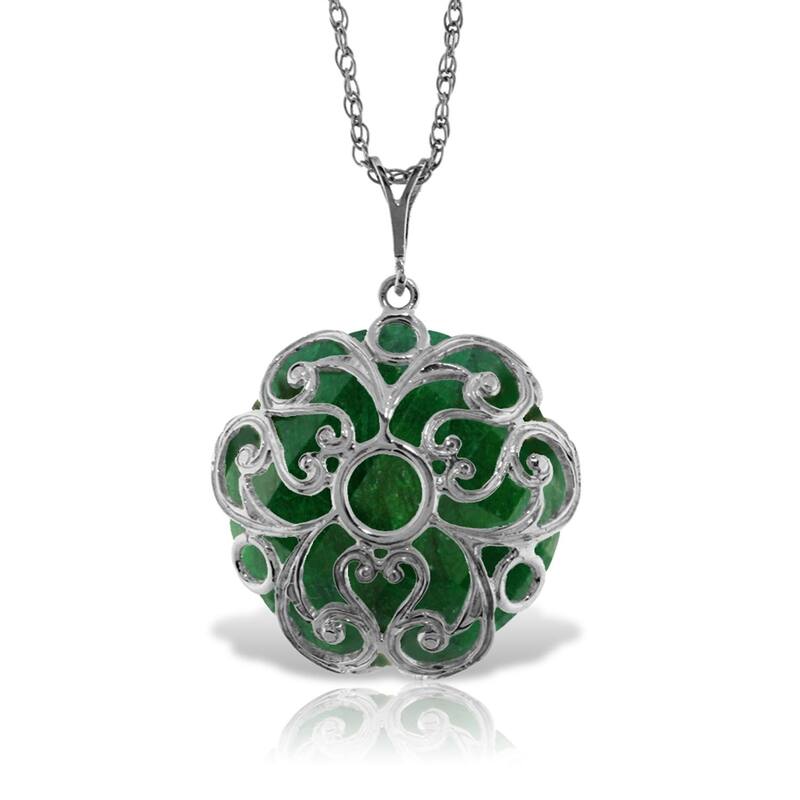 14K Solid White Gold Necklace with Checkerboard Cut Round Dyed Green Sapphire