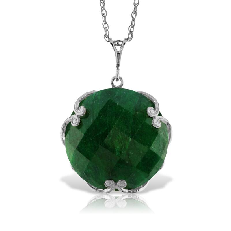 14K Solid White Gold Necklace with Checkerboard Cut Round Dyed Green Sapphire