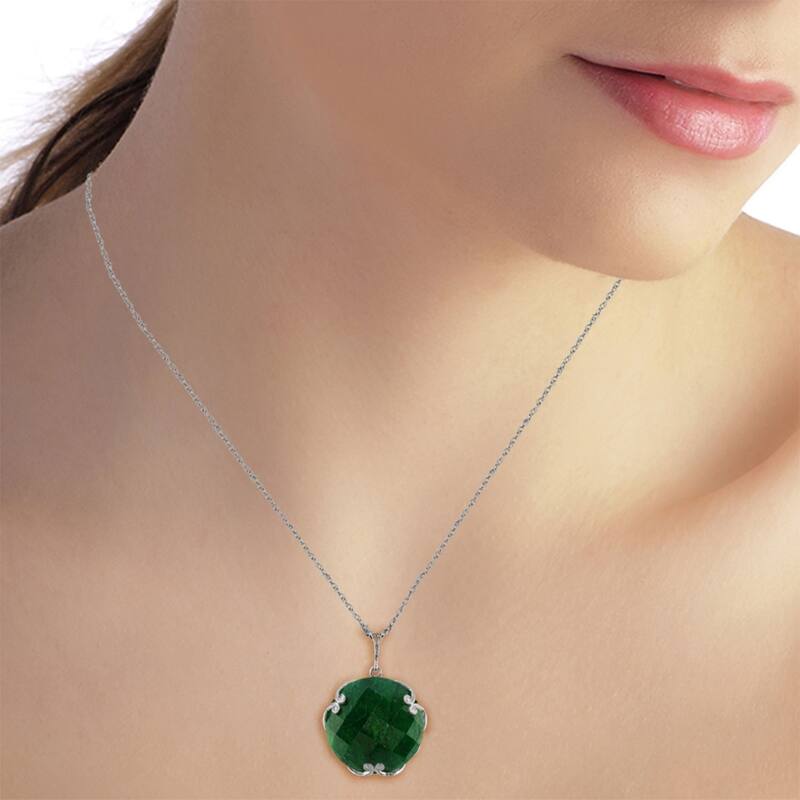 14K Solid White Gold Necklace with Checkerboard Cut Round Dyed Green Sapphire