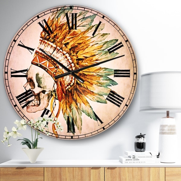Designart 'Skull with Feathers' Abstract Large Wall CLock