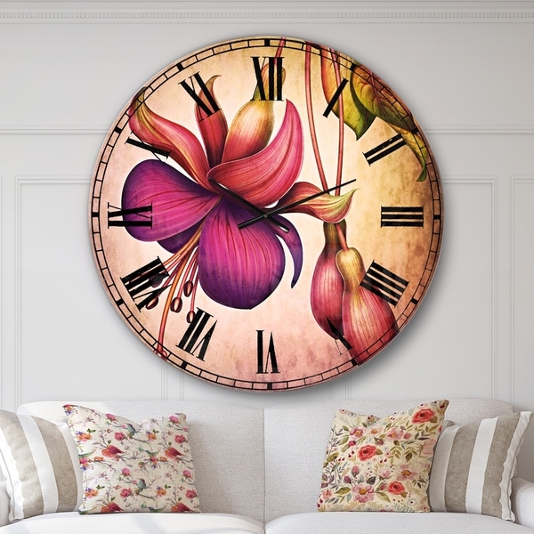 Designart 'Fuchsia Flowers with Green Leaves' Floral Large Wall CLock
