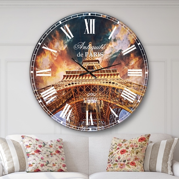 Designart 'Paris Paris Eiffel Towerin Paris with Sunset Colors' Cityscape Wall CLock