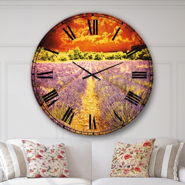 Designart 'Beautiful Lavender Field and Sunset' Floral Large Wall CLock