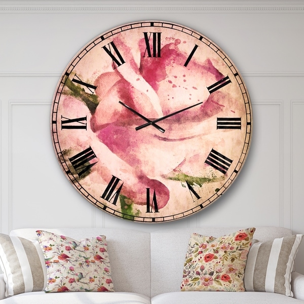 Designart 'Pink Rose Drawing Watercolor' Floral Large Wall CLock