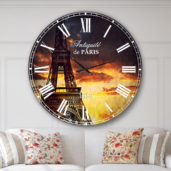 Designart 'Sunset View with Paris Eiffel tower' Cityscapes Large Wall CLock