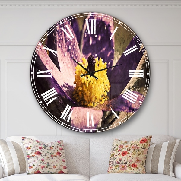 Designart 'Purple Flower with Yellow Stigma' Floral Large Wall CLock