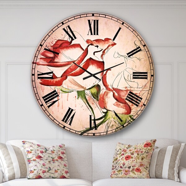 Designart 'Fantastic Red Roses Watercolor' Floral Wall CLock