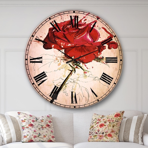 Designart 'Rose Sketch with Stem on White' Flower Large Wall CLock