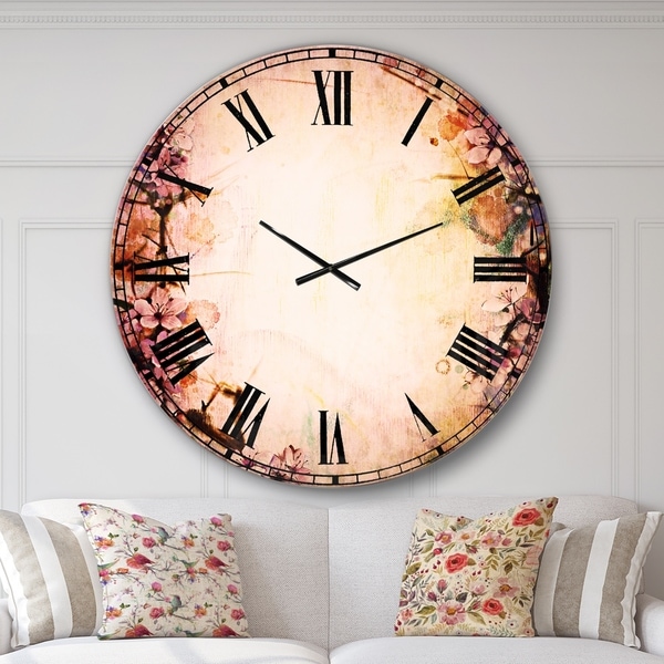 Designart 'Pink Sakura on Blurred Background' Floral Large Wall CLock
