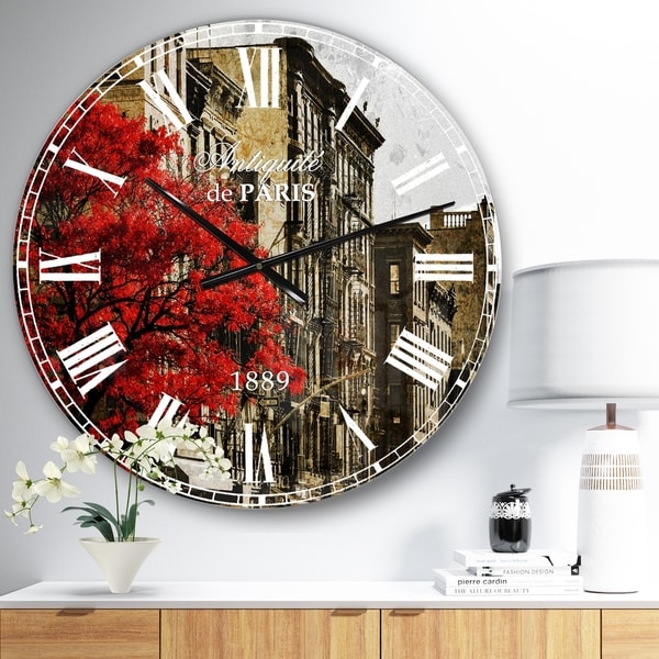 Designart 'Red Tree on Black and White New York City Street' Floral Cityscapes Large Wall CLock