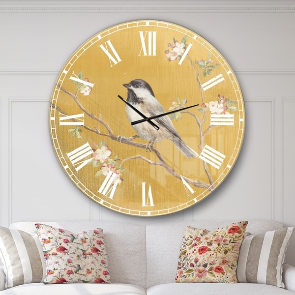 Designart 'Gold Bird on Blossoms IV' Farmhouse Large Wall CLock