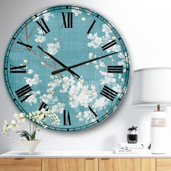 Designart 'Blue Cherry Blossoms I' Cabin & Lodge Wall CLock