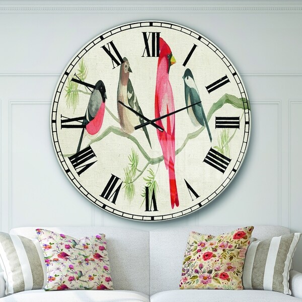 Designart 'Chickadee And Red Farmhouse Bird on Branch' Modern Farmhouse Large Wall CLock