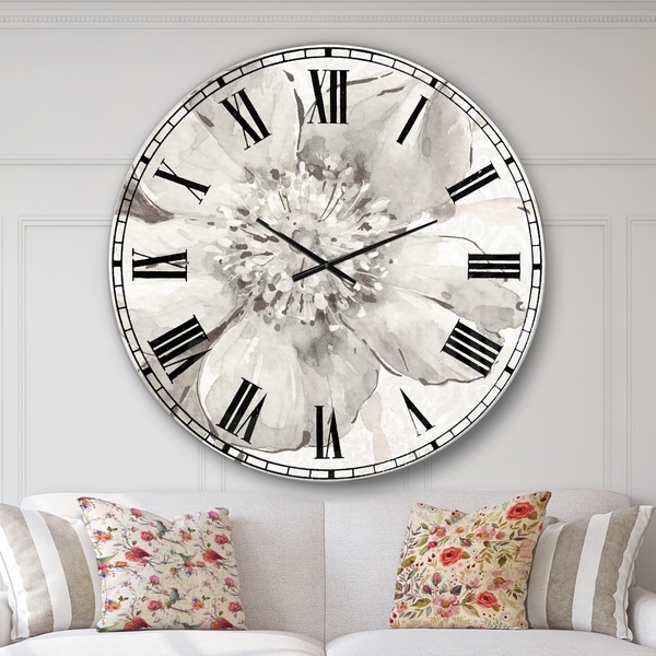 Designart 'Indigold Grey Peonies III' Farmhouse Large Wall CLock