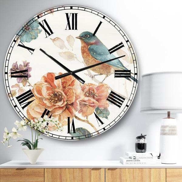 Designart 'Cottage Bird on Orange Flower Twig' Traditional Wall CLock