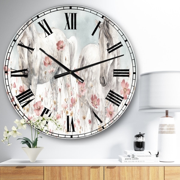 Designart 'watercolors Pink Wild Horses ' Farmhouse Large Wall CLock