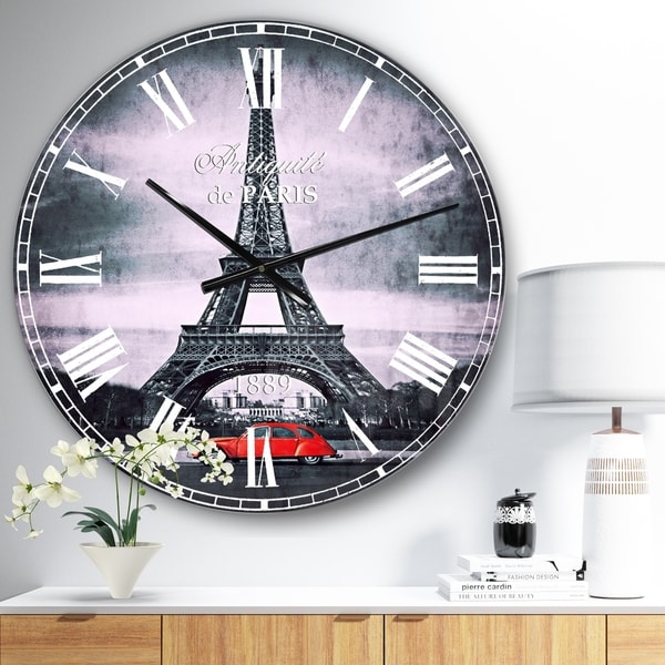 Designart 'Eiffel and Old Red Car' Landscape Oversized Wall CLock