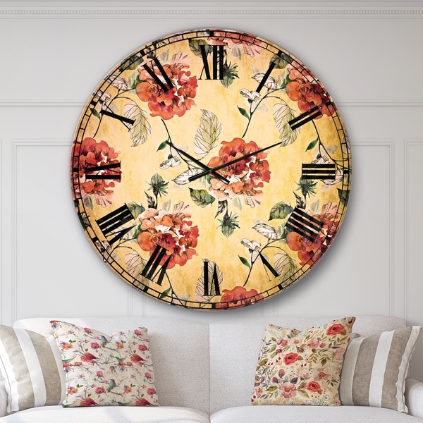 Designart 'Red Rose in Yellow background' Floral Wall CLock