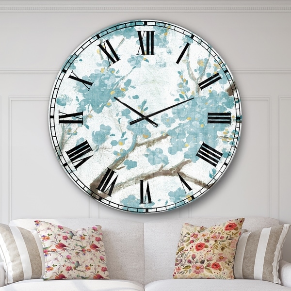 Designart 'Teal Cherry Blossoms I' Traditional Floral Large Wall CLock