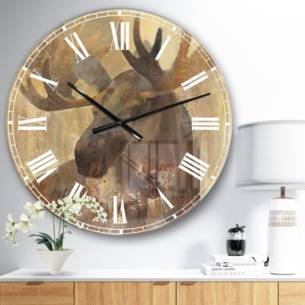Designart 'Into the Wild Gold Moose ' Farmhouse Large Wall CLock