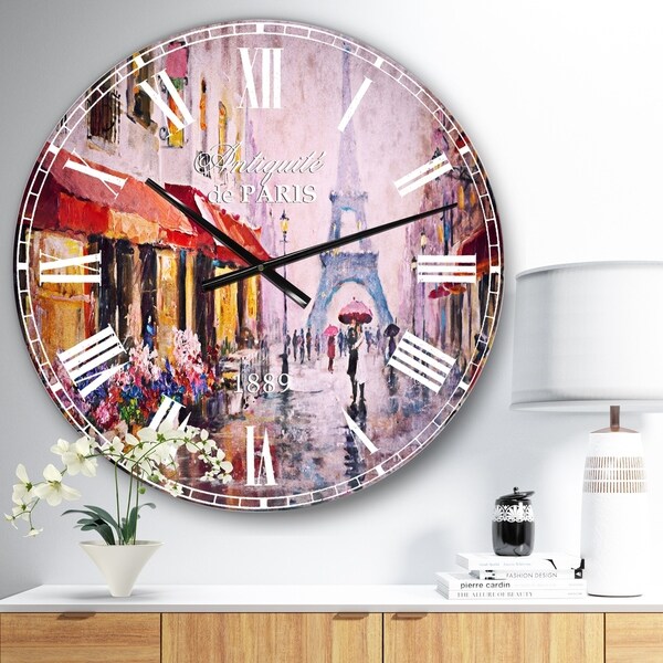 Designart 'Lovers in Paris Eiffel Tower' Cityscapes Large Wall CLock