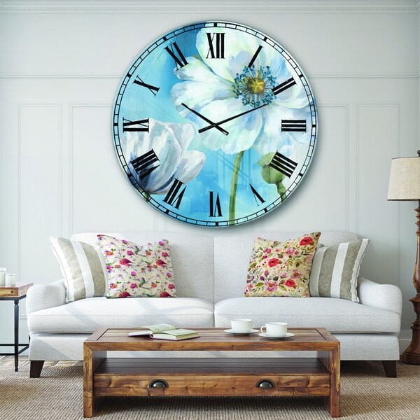 Designart 'White Flower on Blue I' Farmhouse Large Wall CLock