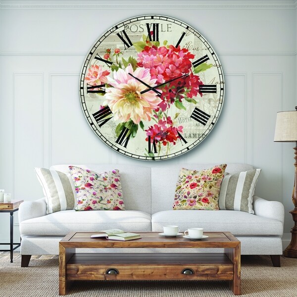 Designart 'Red Painted Flowers on Vintage Postcard III' Farmhouse Large Wall CLock