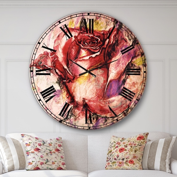 Designart 'Red Rose Illustration' Floral Large Wall CLock