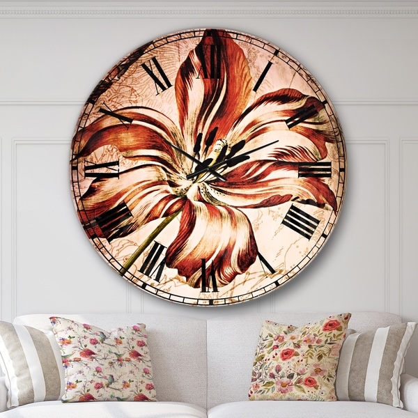 Designart 'Red Floral Pattern with Butterfly' Floral Large Wall CLock